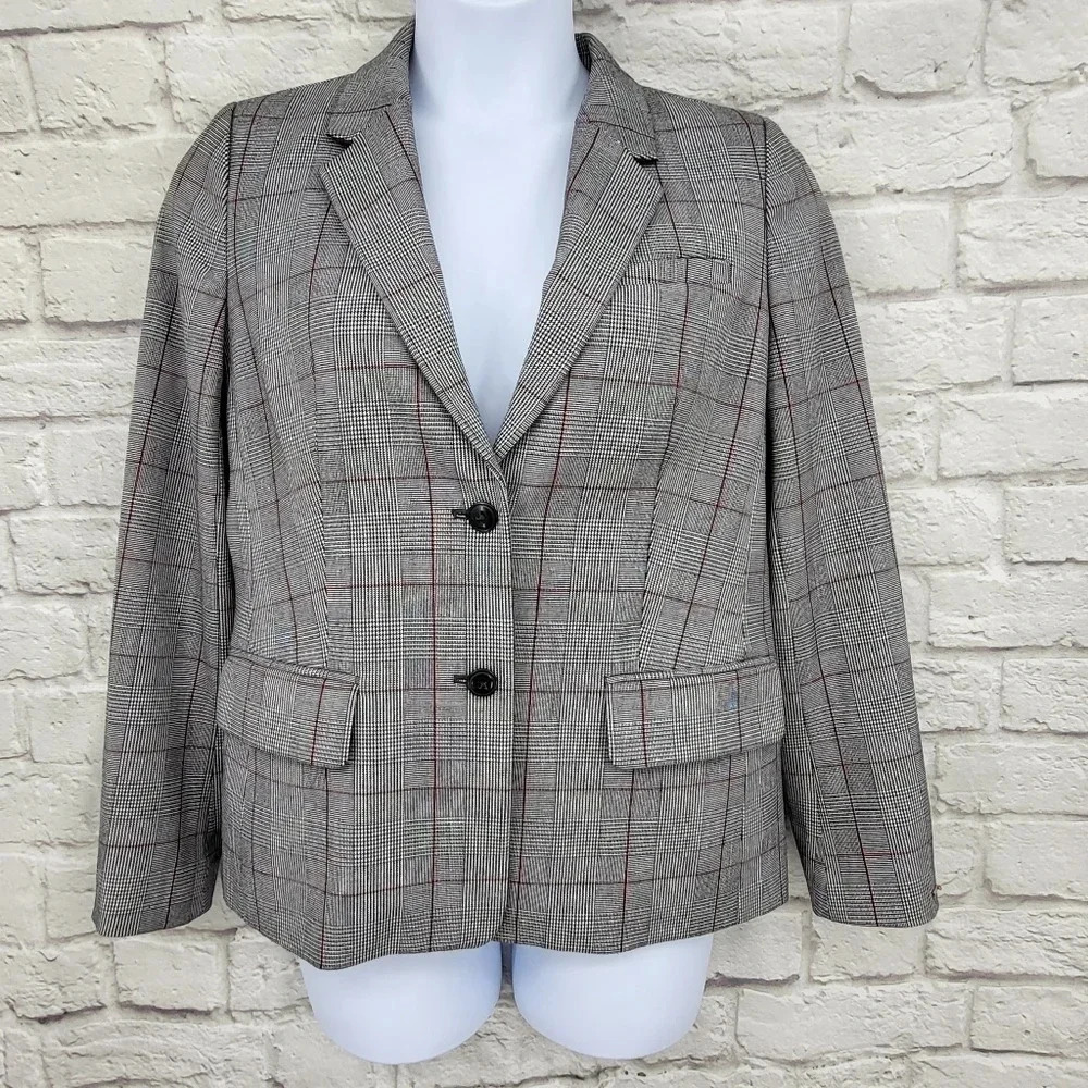 TOMMY HILFIGER Gray Plaid Two Button Blazer Jacket Sz 14 Business Casual Office